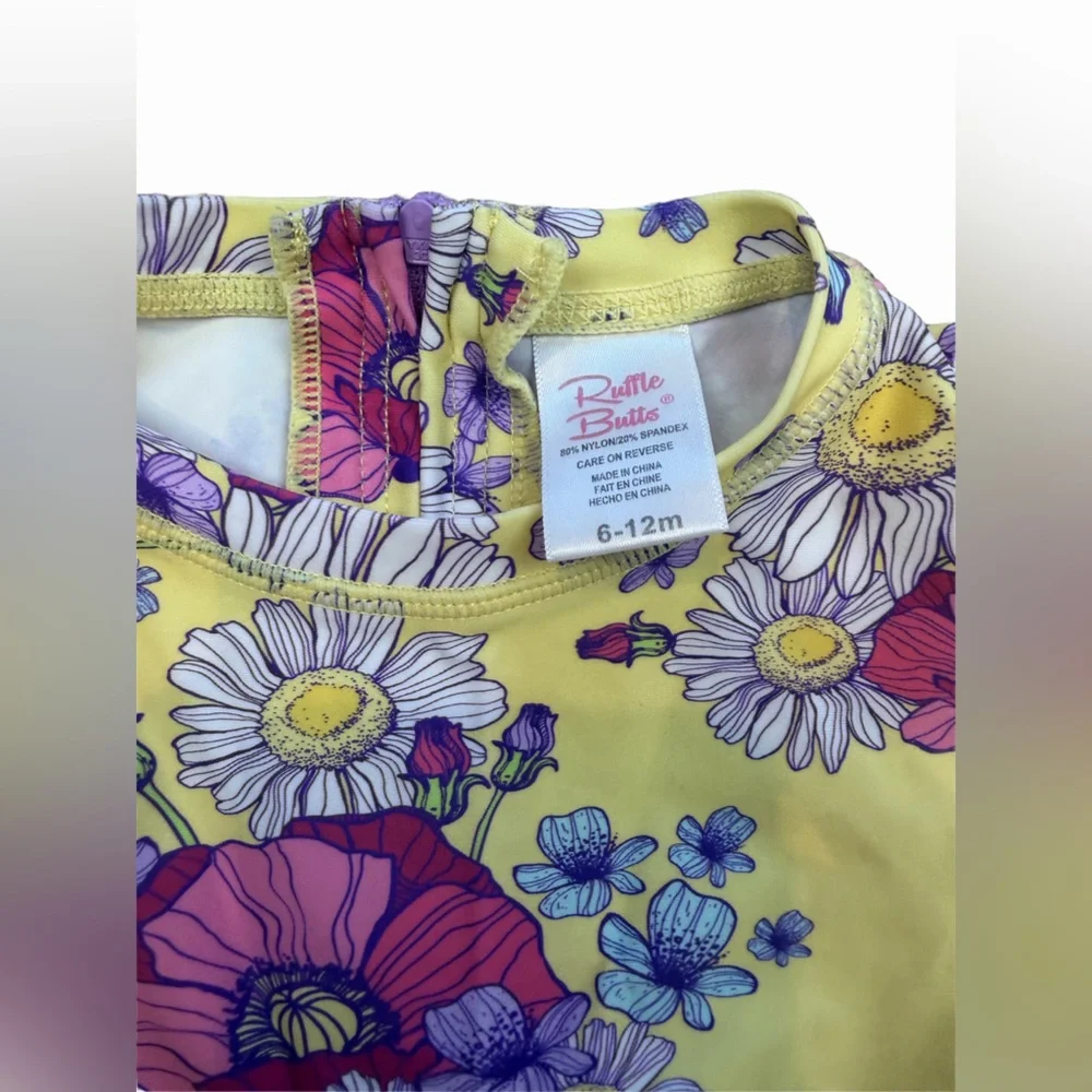 RuffleButts Rash Guard Swimsuit 6-12M Yellow Floral Ruffle Back - Picture 3 of 3